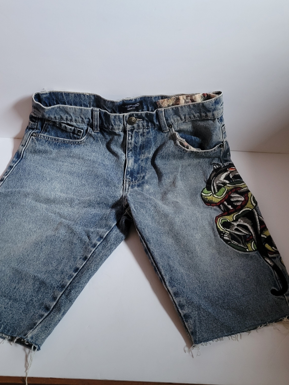 Ed Hardy Blue Denim Jean Shorts with Graphic Snake Patch